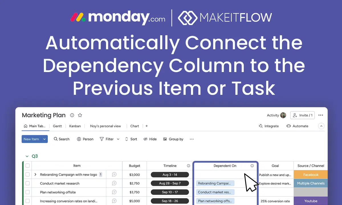 How to automatically connect the dependency column to the previous item or task using make.com